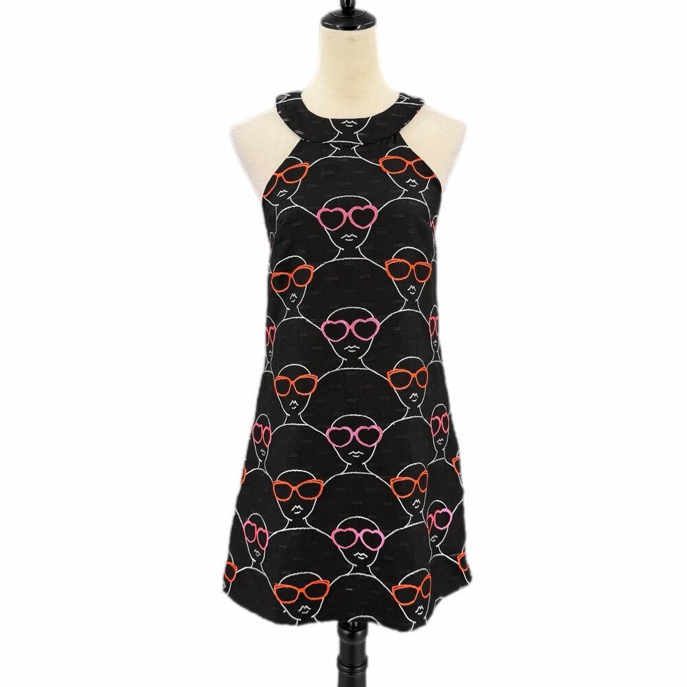 Anthropologie Hutch Black Heart Sunglass Print Fun Graphic Halter Shift Dress